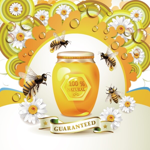 一群蜜蜂围着一罐蜂蜜矢量素材