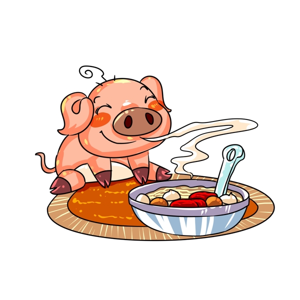传统节日小猪闻香味腊八粥手绘插画