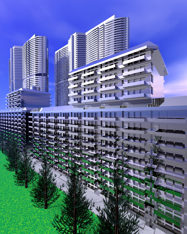 商業(yè)空間樓房建筑效果圖高樓大廈高科技區(qū)水滴科幻