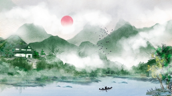 唯美复古中国水墨画风景画中国水彩画插画