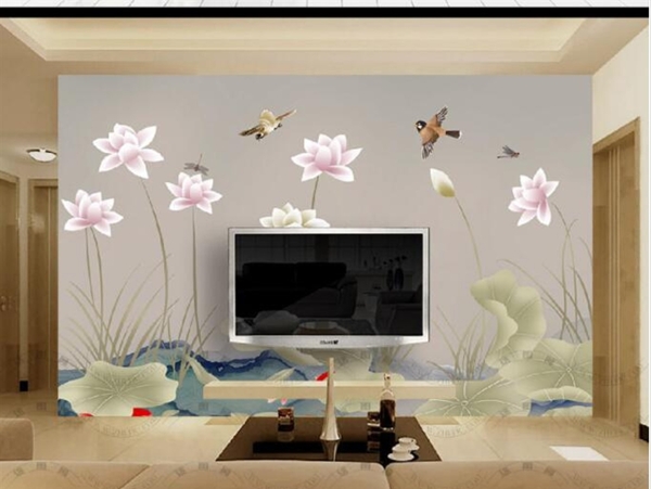 新中式素雅荷花手绘花鸟背景墙壁