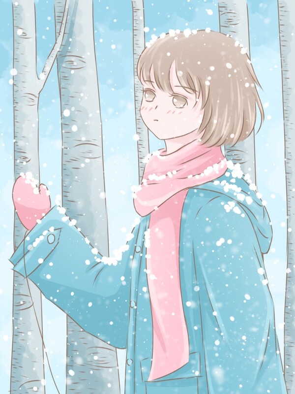 冬天你好小清新插画树林里看雪的女孩