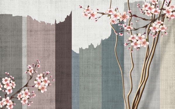 中式立体手绘桃花梅花背景墙