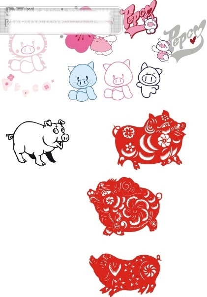 可愛(ài)剪紙黑白彩色豬