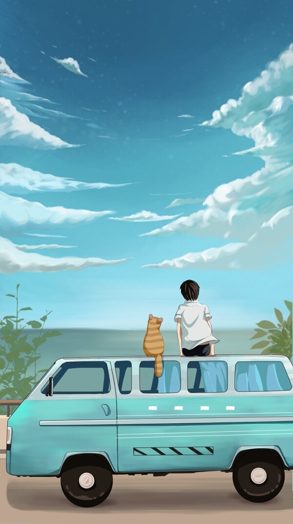 少年与猫仰望天空看风景