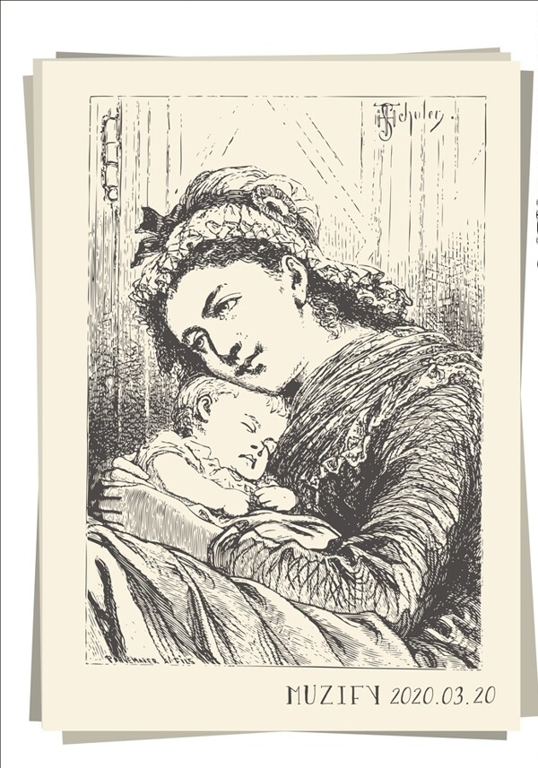 母亲与睡着的宝宝素描画