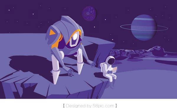 宇宙探险主题机器人与太空人插画