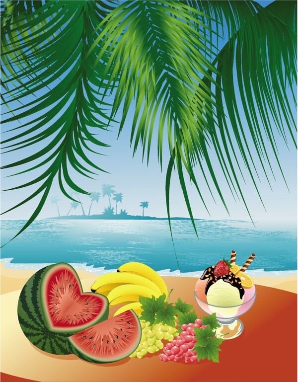 各种载体材料的水果和海滩风景
