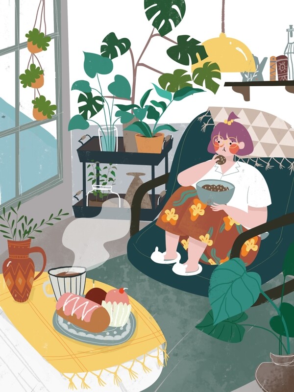 一人食宅女坐在沙发上吃东西的女孩原创插画