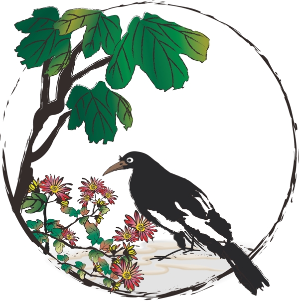 手绘中国风水墨花鸟植物边框菊花喜鹊元素