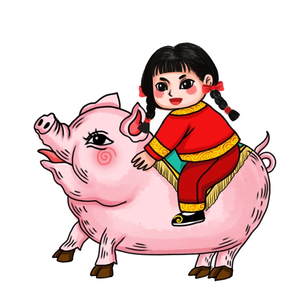 水墨中国风骑着粉红小猪的女孩