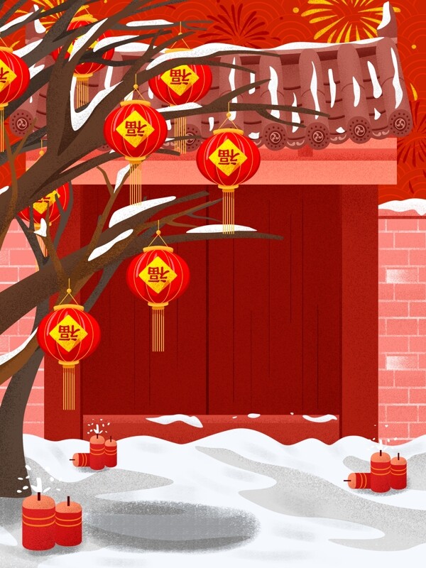 红色喜庆猪年灯笼门庭背景设计