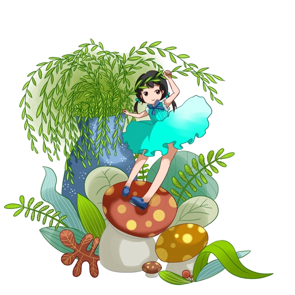 清明节站在蘑菇上的女孩插画