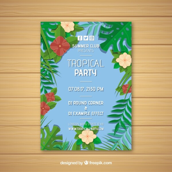 蓝色热带党小册子用鲜花和绿叶