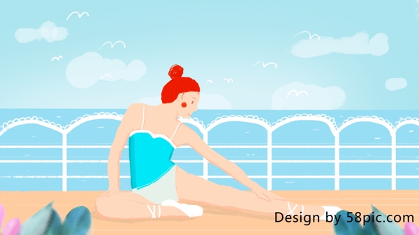 瑜伽女孩海边度假插画