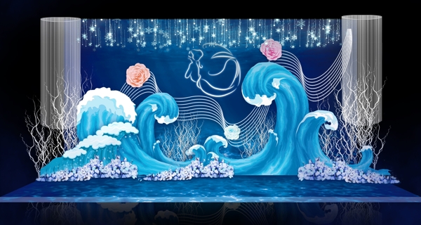 蓝色海洋主题婚礼迎宾合影区效果图