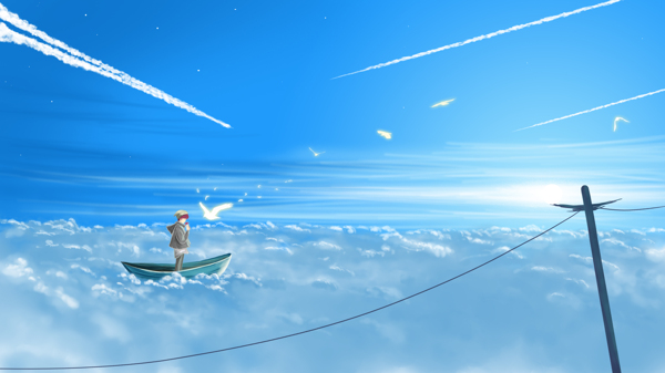 云海中的小船与少年