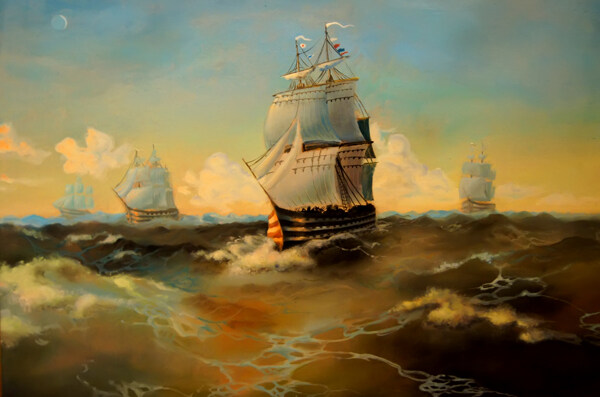 油画海上战船图片