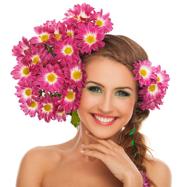 头戴花朵笑容灿烂的外国美女图片