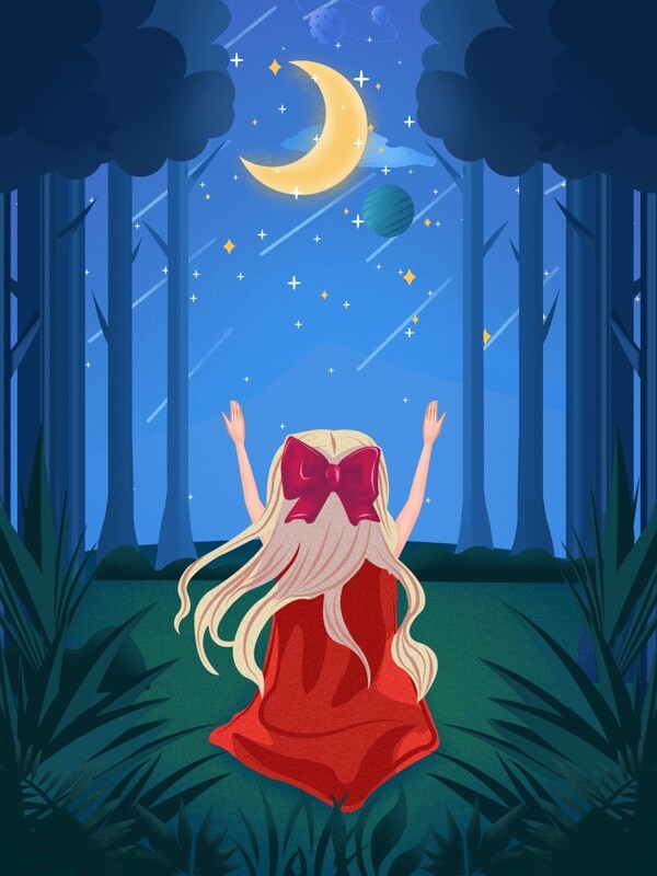 梦幻星空唯美红衣服小女孩拥抱月亮天空插画