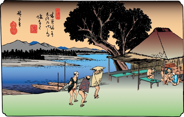 日本浮仕繪與彩繪風景和人物圖片