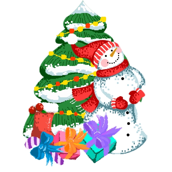 圣诞节开心雪人守护精美圣诞树和礼物盒子