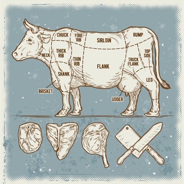 复古风格牛肉插图
