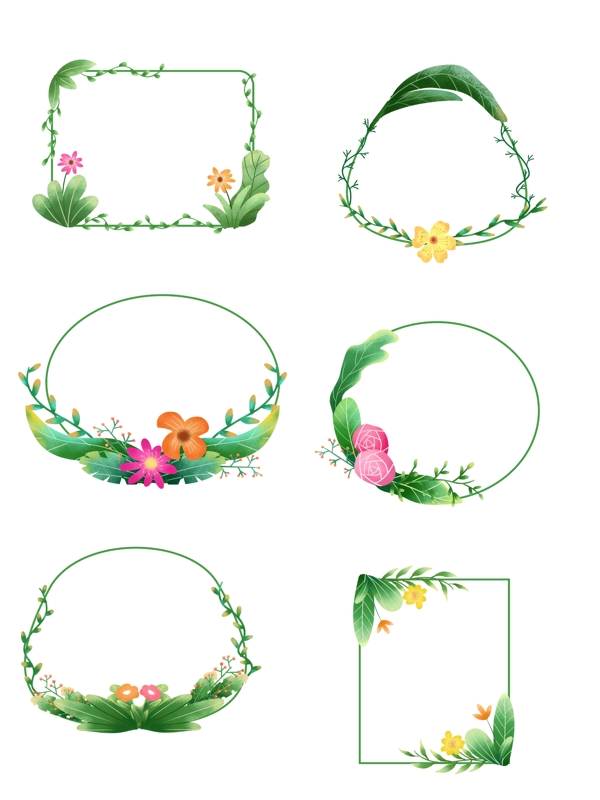 手绘春天绿色清新植物鲜花绿叶边框图案元素