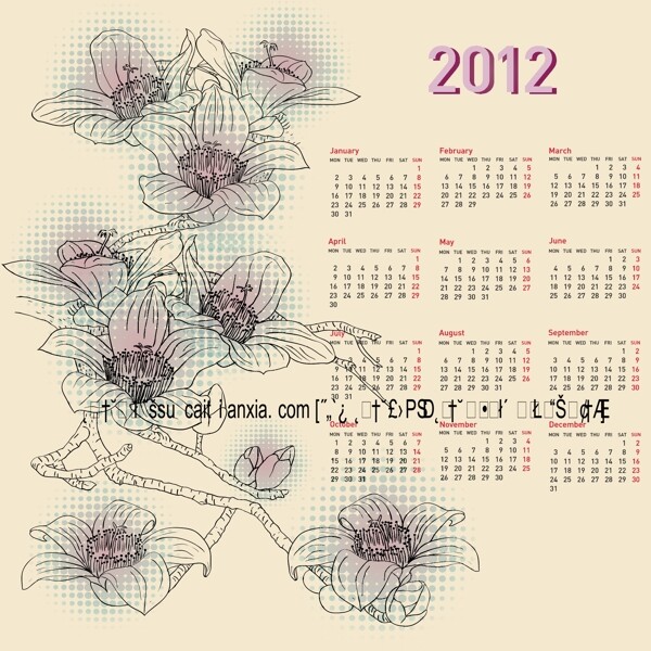 花卉线稿2012年历模板矢量素材
