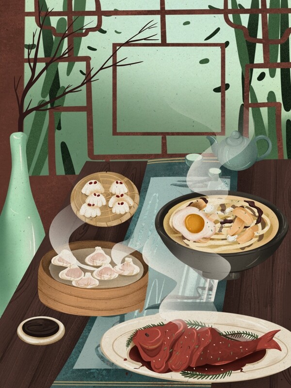 印象中国杭州美食中国风禅意插画
