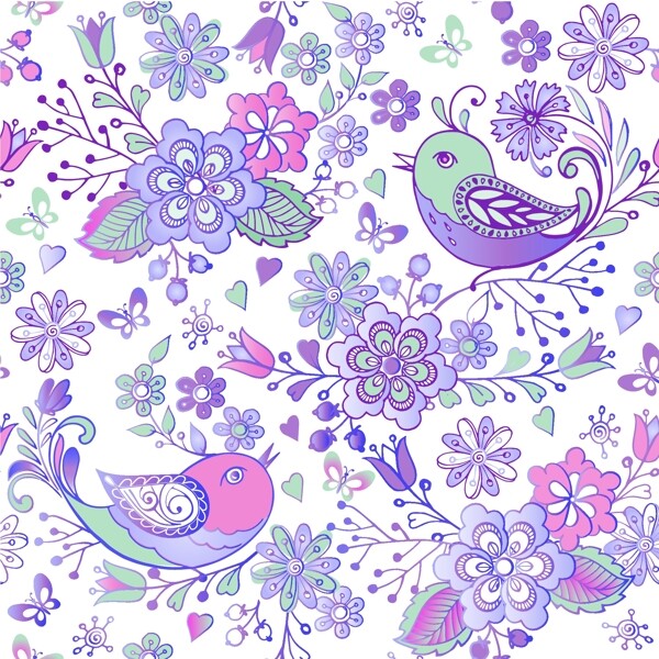 紫色艺术花朵和小鸟背景