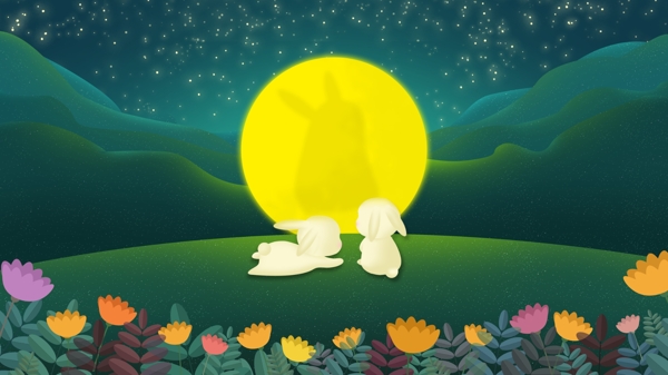 中秋节插画绘画节日月亮兔子