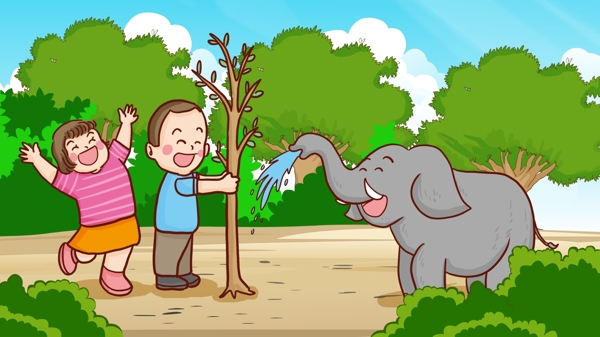植树节孩子们和大象一起种树爱护大自然