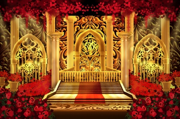 欧式红金罗马柱拱门层次婚礼效果图
