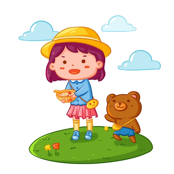 可爱卡通手绘户外玩耍的小朋友和小熊插画