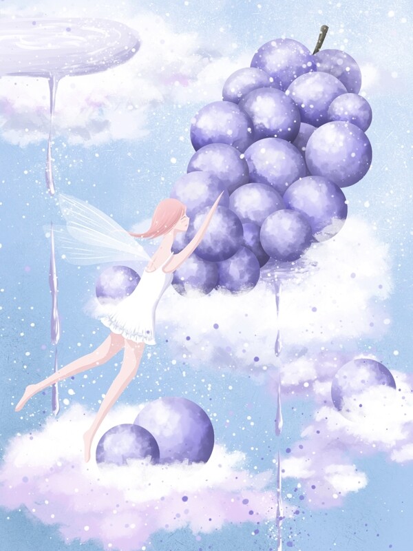 创意水果插画云上的葡萄和葡萄汁