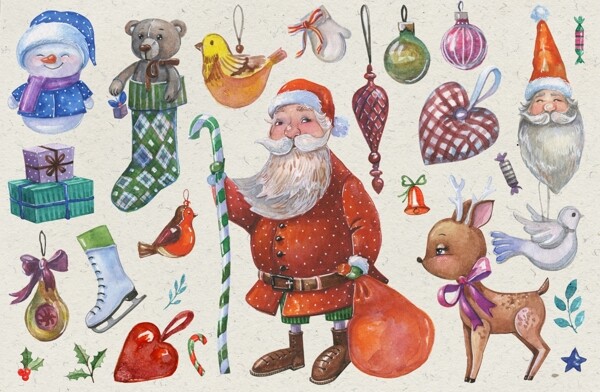 手绘圣诞老人袜子雪人设计素材