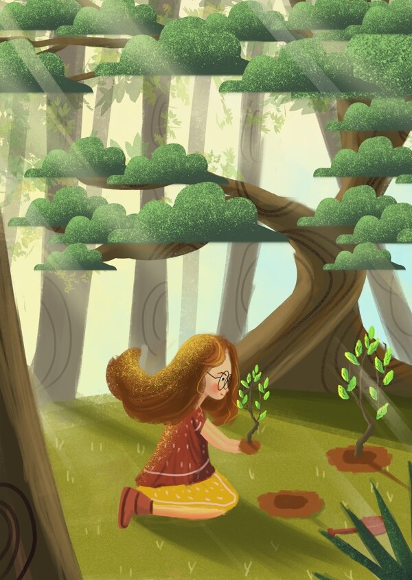 植树节唯美小清新种树的女孩森林插画