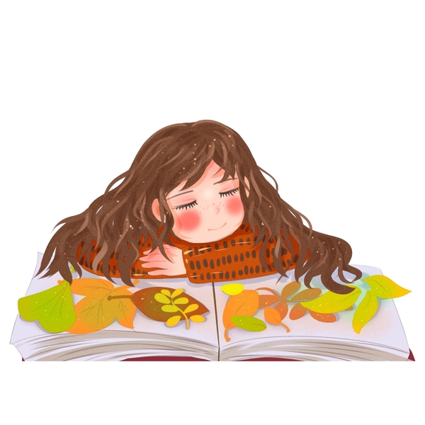 彩绘趴着书本上睡觉的女孩可商用元素