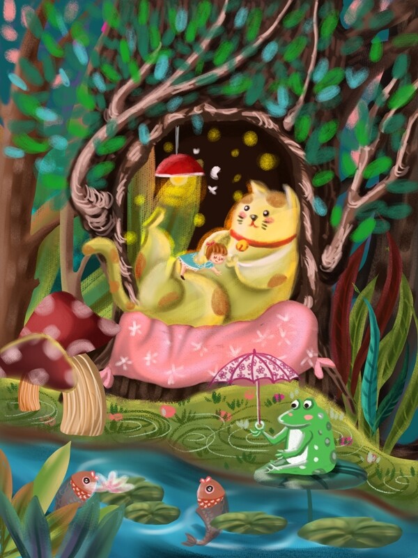 5月你好荷塘青蛙夏天森林猫咪晚安萤火女孩
