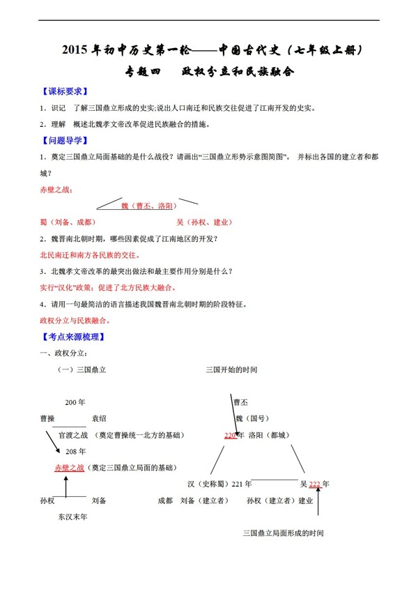 中考專區(qū)歷史中考一輪復(fù)習(xí)學(xué)案專題4政權(quán)分立和民族融合