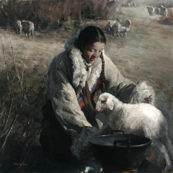 喂羊羔的藏族女孩油画图片