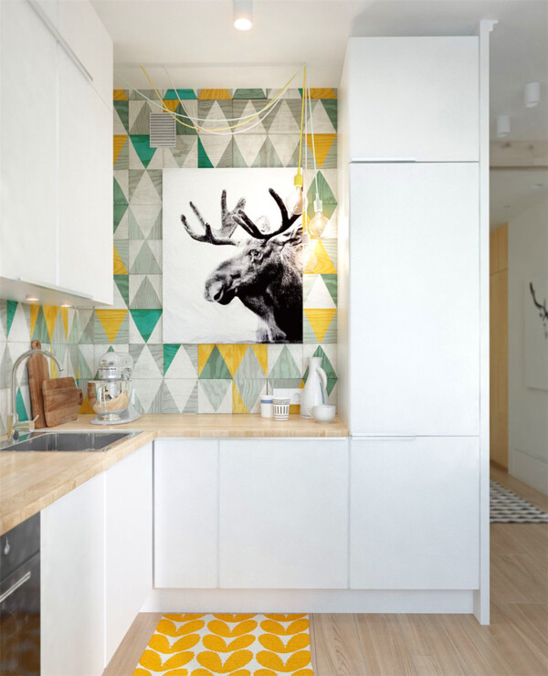 现代客厅厨房白色壁柜室内装修效果图