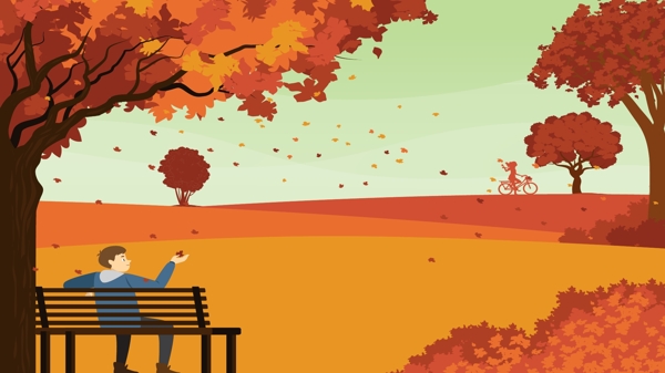秋分公园里欣赏落叶的男孩矢量插画