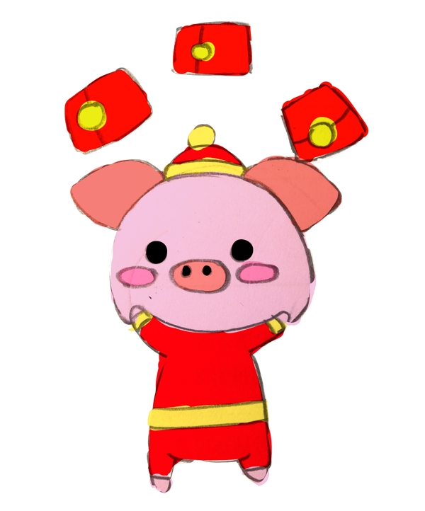 卡通粉色小猪新年红包拜年