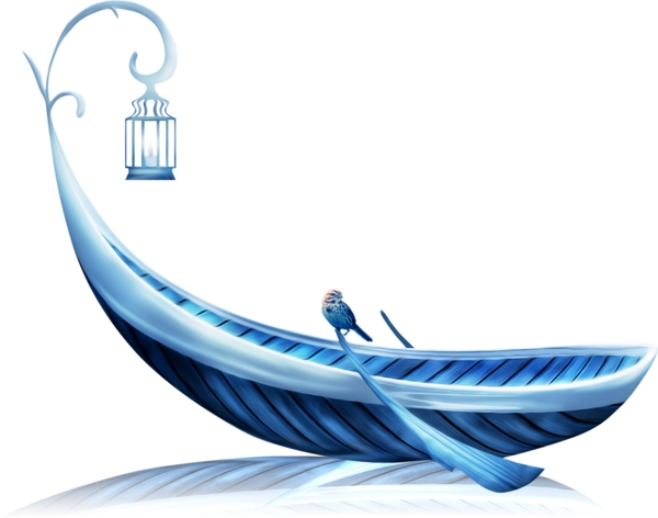 小船蓝色意境插画装饰艺术素材