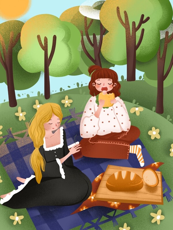 闺蜜日常女孩一起郊游野餐可爱插画