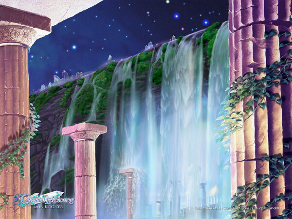 梦幻星夜希腊古建柱子与瀑布梦幻动漫桌面背景