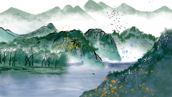 水彩山水树林背景设计