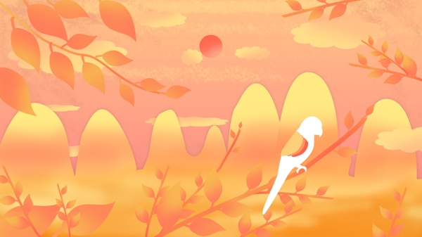 鳥與夕陽漸變插畫